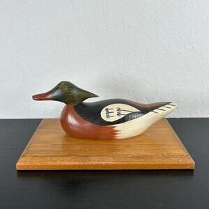 VTG  Table Decor Duck Decoy- Painted Wood- mounted on wood- mallard- 10x6”